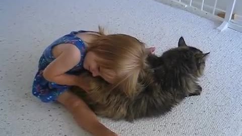 Little girl bonds with her elderly cat