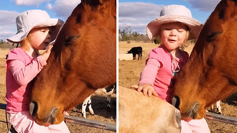 3 year old girl singing to her horse