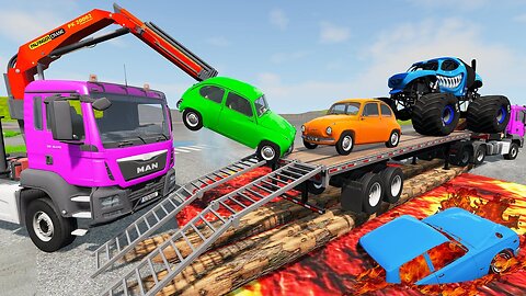 Monster truck crossing rails with trains and flatbed long trailer truck transport