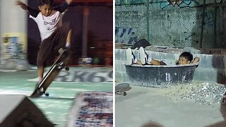 Cool skater boy nails the smoothest fall with style
