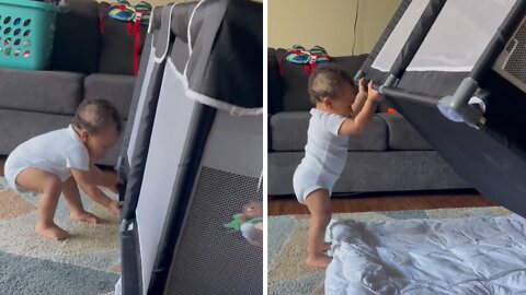 Fierce 13-month-old Lifts Entire Playpen Above His Head