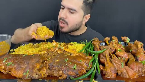 Asmr, eating spicy mutton legs curry+chicken legs curry with masala rice