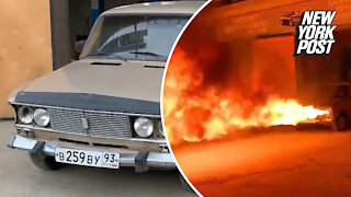 Pyro turns car into a flamethrower