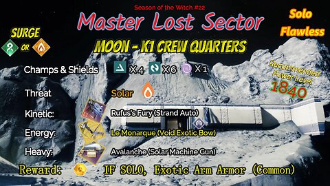 Destiny 2 Master Lost Sector: Moon - K1 Crew Quarters on my Solar Warlock Solo-Flawless 11-12-23