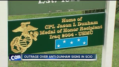 Outrage over "Jason Dunham -No Hero" signs in Scio