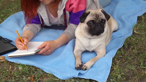 Girl laying on a lawn and writing, her pug laying beside
