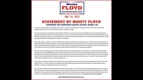 Monty Floyd - Statement Regarding School Safety and Bullying Problems...