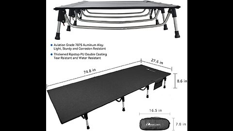 Moon Lence Folding Camping Cot， Outdoor Camping Bed Portable with Carry Bag， Camp Cots for Ad...