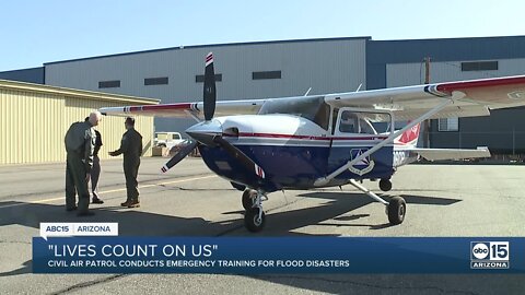 Civil Air Patrol training in event of an emergency, including flood rescues