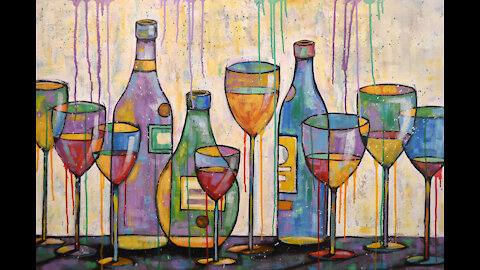 Time Lapse Speed Painting Abstract Modern Colorful Wine bottles and glasses Amy Giacomelli