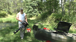 Nucanoe Frontier 12 kayak with outboard motor for hunting and fishing
