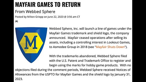 Webbed Sphere Snags Mayfair Games Trademark and Shield - Haven't We Seen This Before?