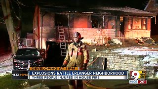 Three house explosions, fire send family to hospital