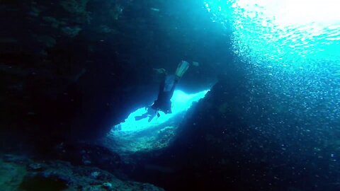 Beautiful underwater world inside an underwater cave in the Caribbean Sea
