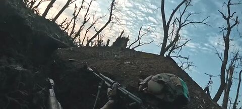 First person view of Russian artillery hitting a Ukrainian trench