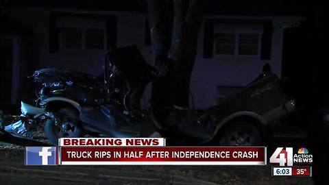 Crash in Independence splits pick up truck in half