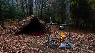 Bushcraft Pot Hanger and Survival Shelter Build. Wilderness skills used to cook over a campfire.
