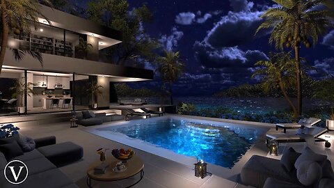 Ocean Front Villa | Night Ambience | Calm Beach Waves & Tropical Nature Sounds