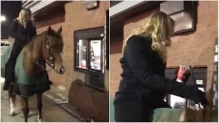 Lady takes her horse to a drive-thru