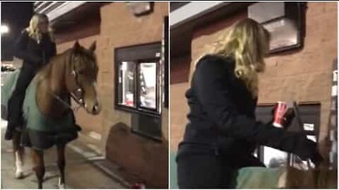 Lady takes her horse to a drive-thru