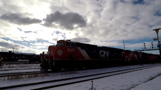 Manifest Train Eastbound CN 3133 CN 3217 & CN 8102 Locomotives In Ontario