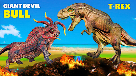 Cow Cartoon vs Giant Devil Bull Videos vs Giant T-Rex dinosaur Epic Battle