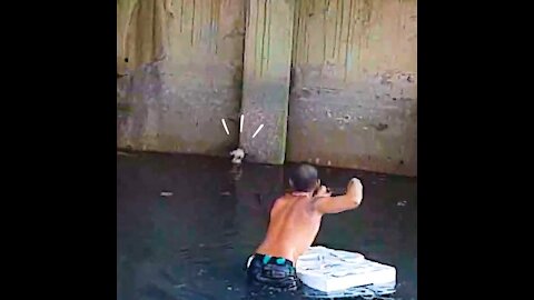 Guy Swims In Polluted Canal To Save A Kitten