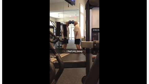 Elderly man at gym does very strange workout