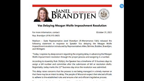 Press Release: House Speaker, Robin Vos Delaying Meagan Wolfe Impeachment Resolution