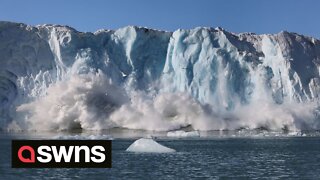 Shocking video shows glacier crumbling into the sea, triggering wave