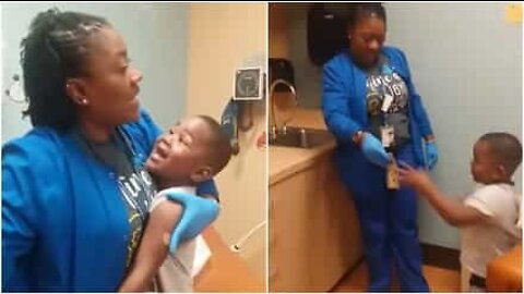 Sygeplejerske beroliger et barn der skal vaccineres...Ved at give ham fem dollars!