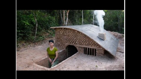 Building a dugout shelter with fireplace from START TO FINISH | Plastic Roof and woodstove with Clay