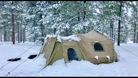 Winter Tent w/ Wood Stove - Snow Stacking Up FAST, Day 1 of Arctic Blast (Last Snowstorm of 2021)