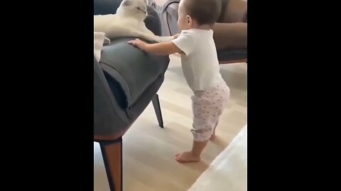 Baby and cat are in love