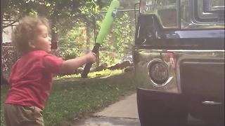 Funny Tot Boy Hits A Truck With A Baseball Bat