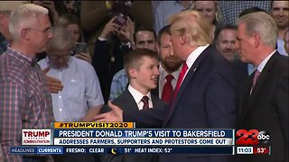 President Donald Trump addresses farmers, while supporters and protestors share their views