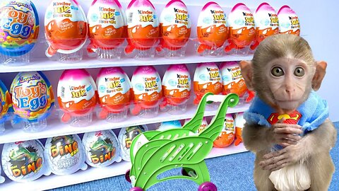 Little Monkey doing shopping in Kinder Joy eggs store & eat Chocolate with cute puppy