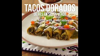 Golden Beef Tacos in Salsa Verde