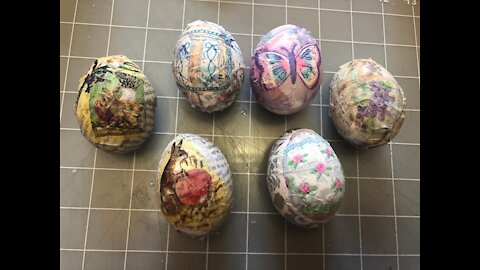 An Easter Project- decoupaging eggs with random materials (from Lovely Lavender Wishes)