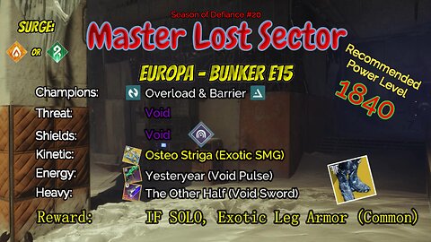 Destiny 2 Master Lost Sector: Europa - Bunker E15 on my Titan 4-22-23