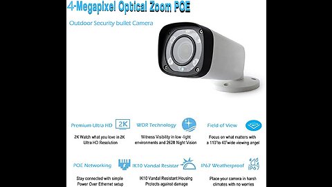 4MP IP Camera Bullet POE Outdoor - 2.7~13.5mm Motorized Varifocal Lens 5X Optical Zoom, Securit...