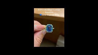 4.07ct Modified Cushion Blue Sapphire Art Deco Inspired Platinum Ring