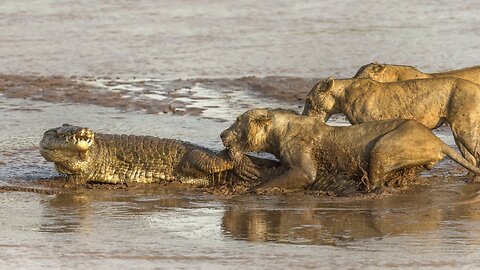 lion vc crocodile on river bank