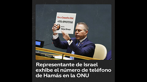 Representante israelí en la ONU muestra el número telefónico de la oficina de Hamás en Gaza
