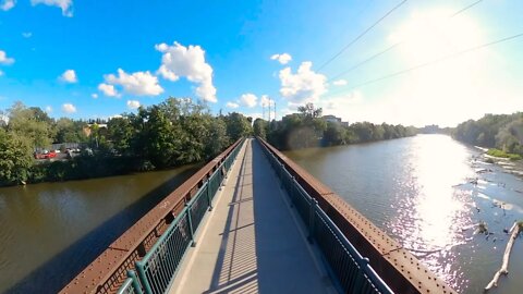 360° bird's eye view of 150 year old railroad bridge / Erie Lackawanna Rails to Trails Bridge