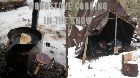 cooking on a woodstove in the snow, lunch in the woods!