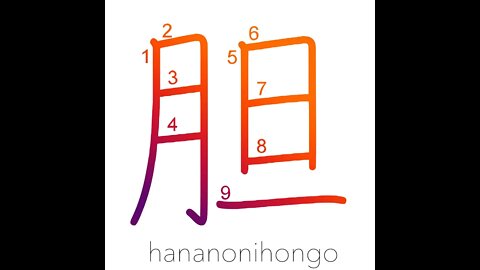 胆 - gall bladder/courage/nerve/chutzpah - Learn how to write Japanese Kanji 胆 - hananonihongo.com
