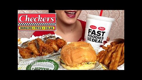 ASMR Checkers burger And Chicken wings (Whispering) - Eating Show cc by EatWithJas91 🍔🍗