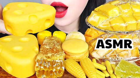 ASMR EAT YELLOW DESSERTS: CHEESE CAKE, CREAM, HONEY, TANGHULU, MUKBANG JELLY