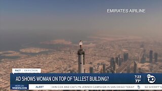 Ad shows woman on top of tallest building?